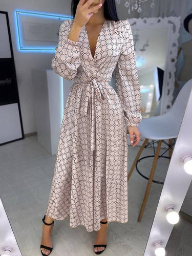 Women'S Swing Dress Maxi Long Dress Gold Long Sleeve Geometric Patchwork Print Spring Summer V Neck Hot Casual Lantern Sleeve