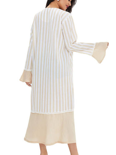 Women'S Kaftan Dress Midi Dress White Yellow Long Sleeve Floral Striped Embroidered Ruffle Patchwork Summer V Neck Elegant