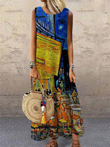 Women'S Shift Dress Maxi Long Dress Blue Sleeveless Print Color Block Print Spring Summer Round Neck Casual