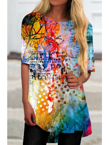 Women'S Shift Dress Short Mini Dress Blue Half Sleeve Print Color Block Print Fall Spring Round Neck Casual