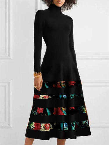 Women'S A Line Dress Midi Dress Black Red Long Sleeve Solid Color Geometric Patchwork Print Fall Winter Turtleneck Elegant Casual