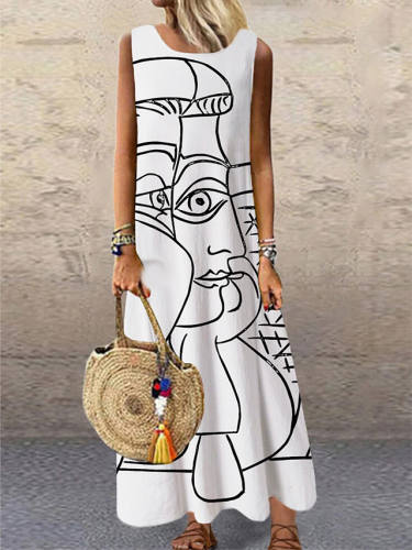 Women'S Shift Dress Maxi Long Dress White Sleeveless Print Color Block Print Spring Summer Round Neck Casual