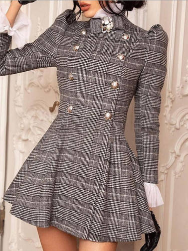 Women'S Sheath Dress Short Mini Dress Gray Long Sleeve Plaid Patchwork Print Fall Spring Round Neck Sexy Puff Sleeve