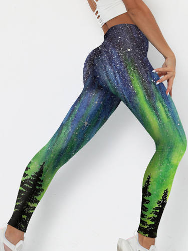 Women'S Stylish Novelty Comfort Leisure Sports Weekend Leggings Pants Plants Galaxy Ankle-Length Sporty Elastic Waist Print Green