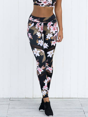 Women'S Sporty Basic Jogger Sweatpants Pants Floral Plants Print Classic Sporty Patchwork Black