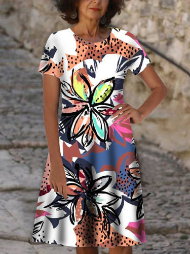 Women'S T Shirt Dress Tee Dress Knee Length Dress White Short Sleeve Floral Print Print Spring Summer Round Neck Casual