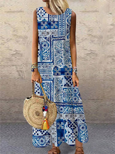 Women'S Shift Dress Maxi Long Dress Blue Sleeveless Print Color Block Geometric Print Spring Summer Round Neck Casual