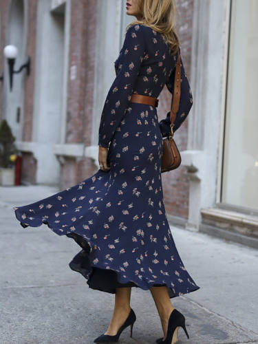 Women'S Sheath Dress Maxi Long Dress Blue Long Sleeve Print Print Spring Summer Round Neck Elegant