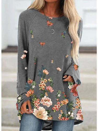 Women'S T Shirt Dress Tee Dress Short Mini Dress Blue Khaki Gray Long Sleeve Floral Patchwork Print Fall Spring Round Neck Casual
