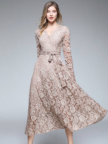 Women'S Swing Dress Maxi Long Dress Khaki Long Sleeve Print Mesh Lace Print Spring V Neck Hot Sexy