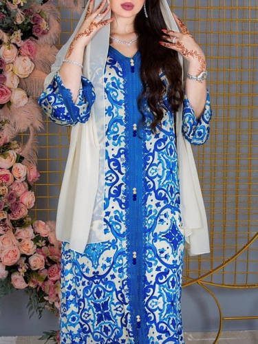 Women'S Kaftan Dress Maxi Long Dress Blue Long Sleeve Print Solid Color Patchwork Summer Round Neck Casual