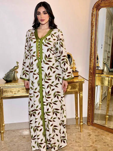 Women'S Swing Dress Maxi Long Dress Green Long Sleeve Print Print Fall Spring V Neck Casual