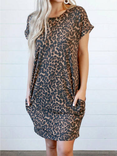 Women'S T Shirt Dress Tee Dress Knee Length Dress Brown Short Sleeve Print Backless Pocket Patchwork Fall Summer Round Neck Elegant Casual Cotton