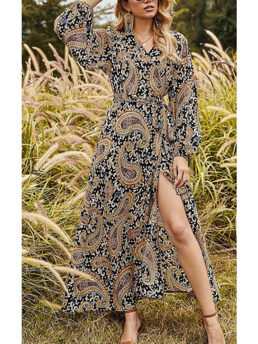 Women'S Sheath Dress Maxi Long Dress Black Long Sleeve Print Split Fall Summer V Neck Elegant Casual