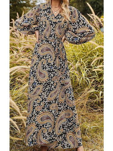Women'S Sheath Dress Maxi Long Dress Black Long Sleeve Print Split Fall Summer V Neck Elegant Casual