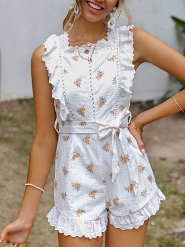 Ruffled Print Sweet Style Sleeveless Rompers
