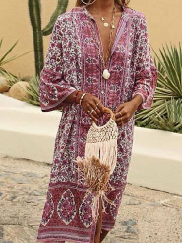 Women'S A Line Dress Midi Dress Blue Blushing Pink Light Blue 3/4 Length Sleeve Geometric Summer V Neck Hot Bohemian Boho