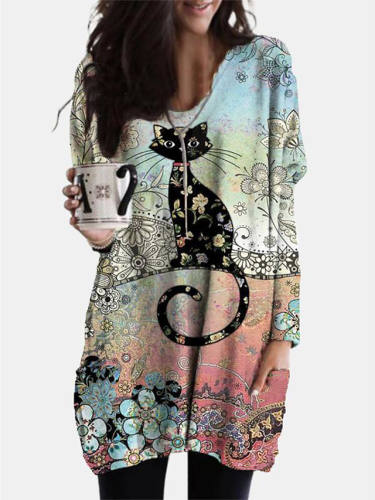 Women‘S Shift Dress Short Mini Dress Cat Graphic Long Sleeve Print Animal Patchwork Print Fall Spring Casual Boho Cotton