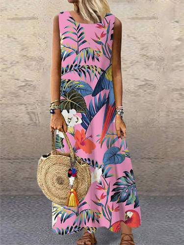 Women'S Shift Dress Maxi Long Dress Blushing Pink Sleeveless Floral Print Print Spring Summer Round Neck Casual