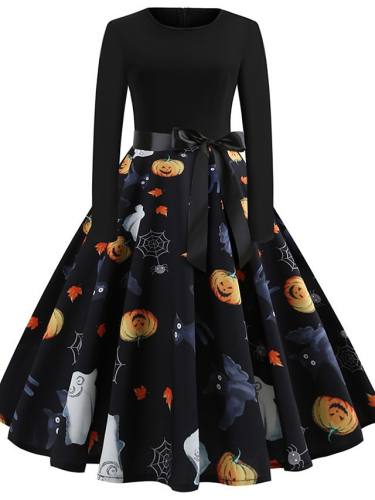Women'S Halloween A Line Dress Knee Length Dress White Black Yellow Long Sleeve Pumpkin Skeleton Print Patchwork Bow Print Fall Spring Round Neck Hot Vintage