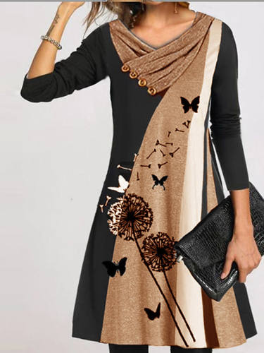 Women'S Shift Dress Knee Length Dress Khaki Gray Long Sleeve Print Color Block Patchwork Button Print Fall Spring Casual
