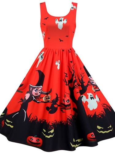 Women'S Halloween A Line Dress Knee Length Dress White Purple Blushing Pink Orange Sleeveless Pumpkin Bat Skulls Print Patchwork Print Summer Round Neck Hot Vintage