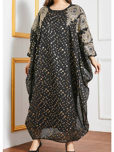 Women'S Kaftan Dress Maxi Long Dress Black Long Sleeve Polka Dot Print Sequins Embroidered Summer Round Neck Casual