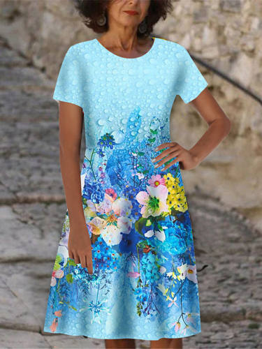 Women'S T Shirt Dress Tee Dress Knee Length Dress Light Blue Short Sleeve Floral Print Print Spring Summer Round Neck Casual