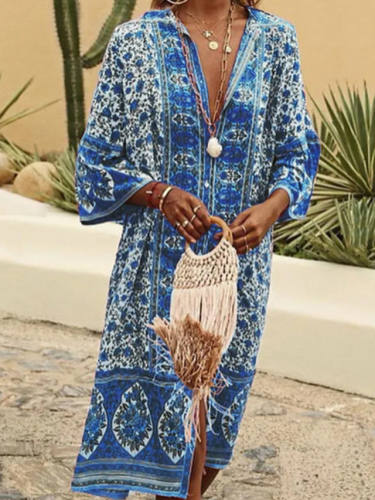 Women'S A Line Dress Midi Dress Blue Blushing Pink Light Blue 3/4 Length Sleeve Geometric Summer V Neck Hot Bohemian Boho