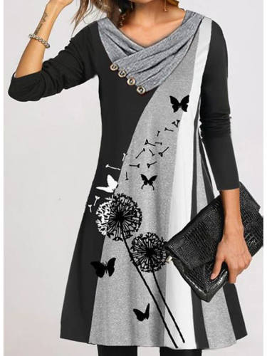 Women'S Shift Dress Knee Length Dress Khaki Gray Long Sleeve Print Color Block Patchwork Button Print Fall Spring Casual