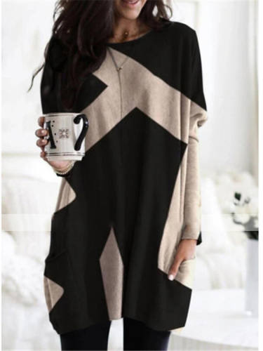 Women'S Shift Dress Short Mini Dress Red Khaki Dark Gray Brown Long Sleeve Color Block Patchwork Print Fall Winter Shirt Collar Casual