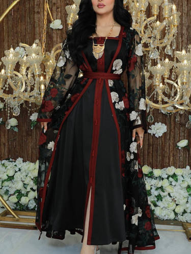 Women'S Kaftan Dress Maxi Long Dress Black Long Sleeve Print Solid Color Patchwork Summer Square Neck Casual
