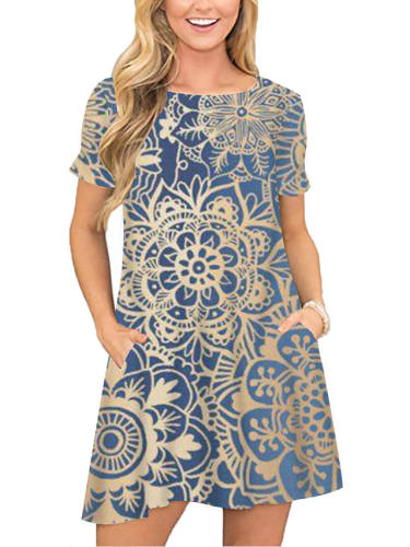Women'S T Shirt Dress Tee Dress Short Mini Dress Blue Short Sleeve Floral Print Pocket Print Spring Summer Round Neck Casual