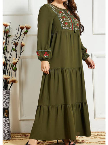 Women'S Kaftan Dress Maxi Long Dress Green Long Sleeve Print Embroidered Ruched Summer Round Neck Casual
