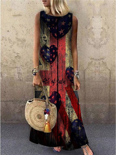 Women'S Shift Dress Maxi Long Dress Red Sleeveless Print Flag Print Spring Summer Round Neck Casual