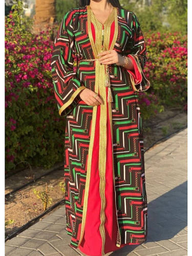 Women'S Kaftan Dress Maxi Long Dress Red Long Sleeve Print Solid Color Patchwork Summer V Neck Casual