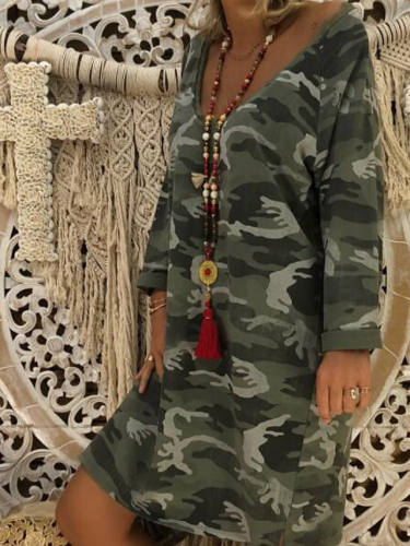 Women'S Shift Dress Short Mini Dress Army Green Long Sleeve Print Print Fall Spring V Neck Casual