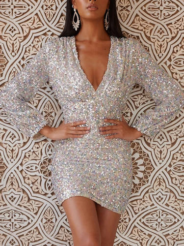 Women'S Sheath Dress Short Mini Dress Silver Long Sleeve Solid Color Print Summer V Neck Hot Sexy
