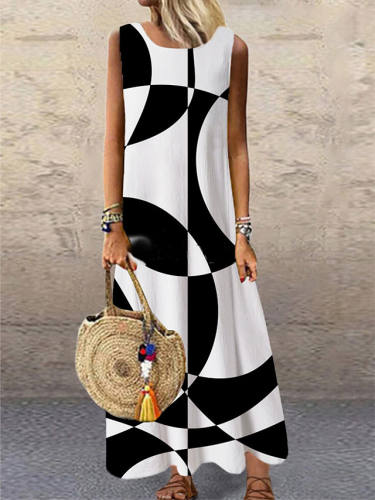 Women'S Shift Dress Maxi Long Dress Black Sleeveless Print Geometric Print Spring Summer Round Neck Casual