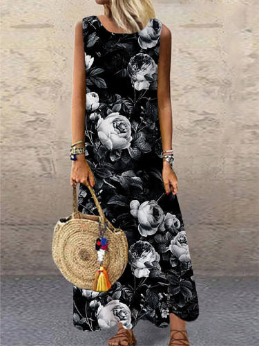 Women'S Shift Dress Maxi Long Dress Black Sleeveless Floral Print Print Spring Summer Round Neck Casual