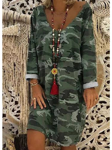 Women'S Shift Dress Short Mini Dress Army Green Long Sleeve Print Print Fall Spring V Neck Casual