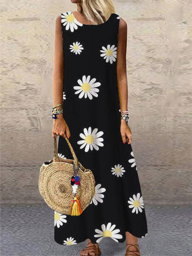 Women'S Shift Dress Maxi Long Dress White Black Sleeveless Floral Print Print Spring Summer Round Neck Casual