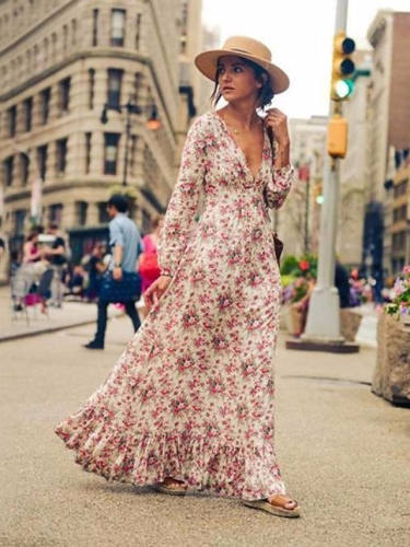 Women'S Swing Dress Maxi Long Dress Beige Long Sleeve Print Patchwork Print Summer V Neck Boho Lantern Sleeve