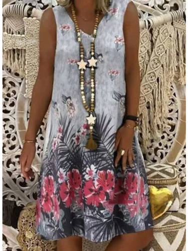 Women'S A Line Dress Short Mini Dress Blue Gray Sleeveless Floral Print Summer V Neck Hot Casual