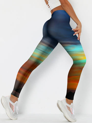 Women'S Colorful Fashion Comfort Weekend Gym Leggings Pants Color Block Geometric Ankle-Length Sporty Elastic Waist Print Blue