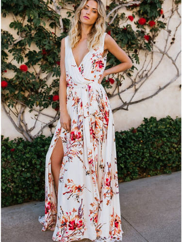 Women'S A Line Dress Maxi Long Dress White Sleeveless Floral Summer V Neck Casual Mumu