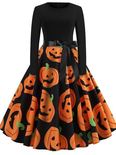 Women'S Halloween A Line Dress Knee Length Dress White Black Yellow Long Sleeve Pumpkin Skeleton Print Patchwork Bow Print Fall Spring Round Neck Hot Vintage