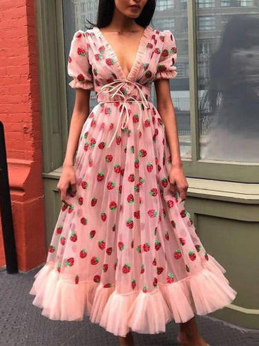 Women'S A Line Dress Maxi Long Dress Blushing Pink Short Sleeve Strawberry Polka Dot Summer V Neck Hot Formal Vacation Dresses