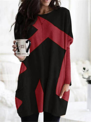 Women'S Shift Dress Short Mini Dress Red Khaki Dark Gray Brown Long Sleeve Color Block Patchwork Print Fall Winter Shirt Collar Casual