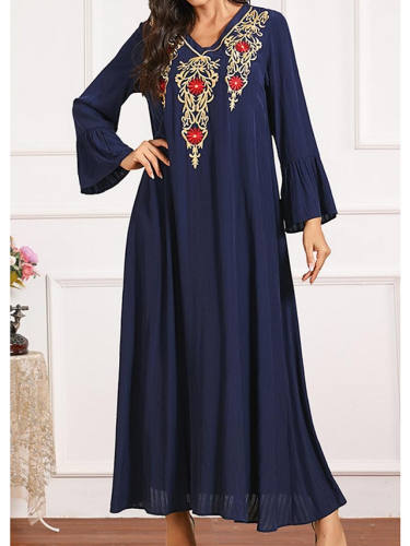 Women'S Kaftan Dress Maxi Long Dress Blue Long Sleeve Print Embroidered Summer Round Neck Casual